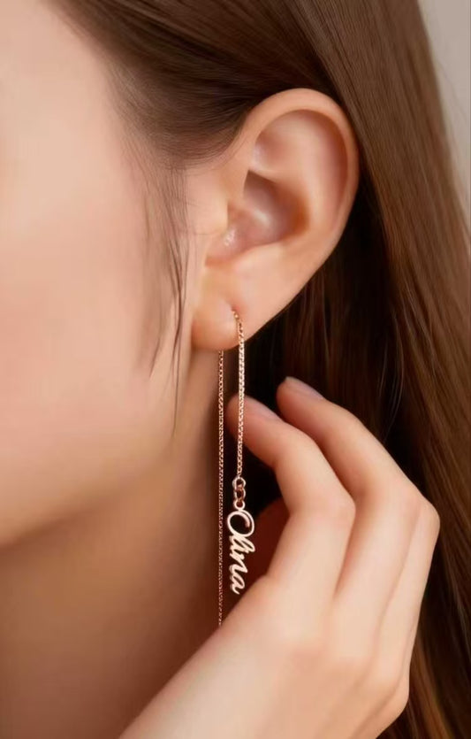 Custom Name Long Drop Earrings for Women, Personalized Stainless Steel Name Ear Threads