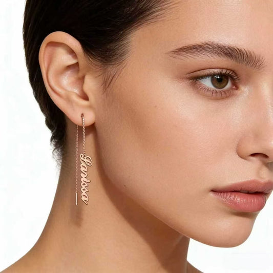 Custom Name Long Drop Earrings for Women, Personalized Stainless Steel Name Ear Threads